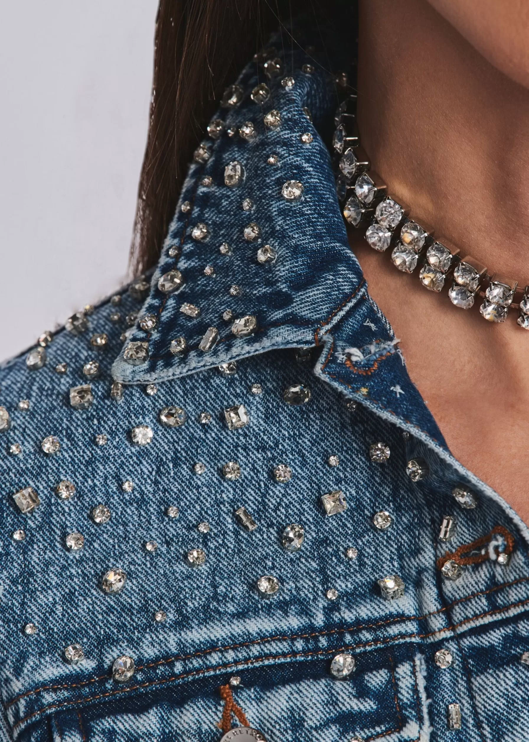 Retrofete Ada Crystal Embellished Denim Jacket Arctic Crystal Clearance