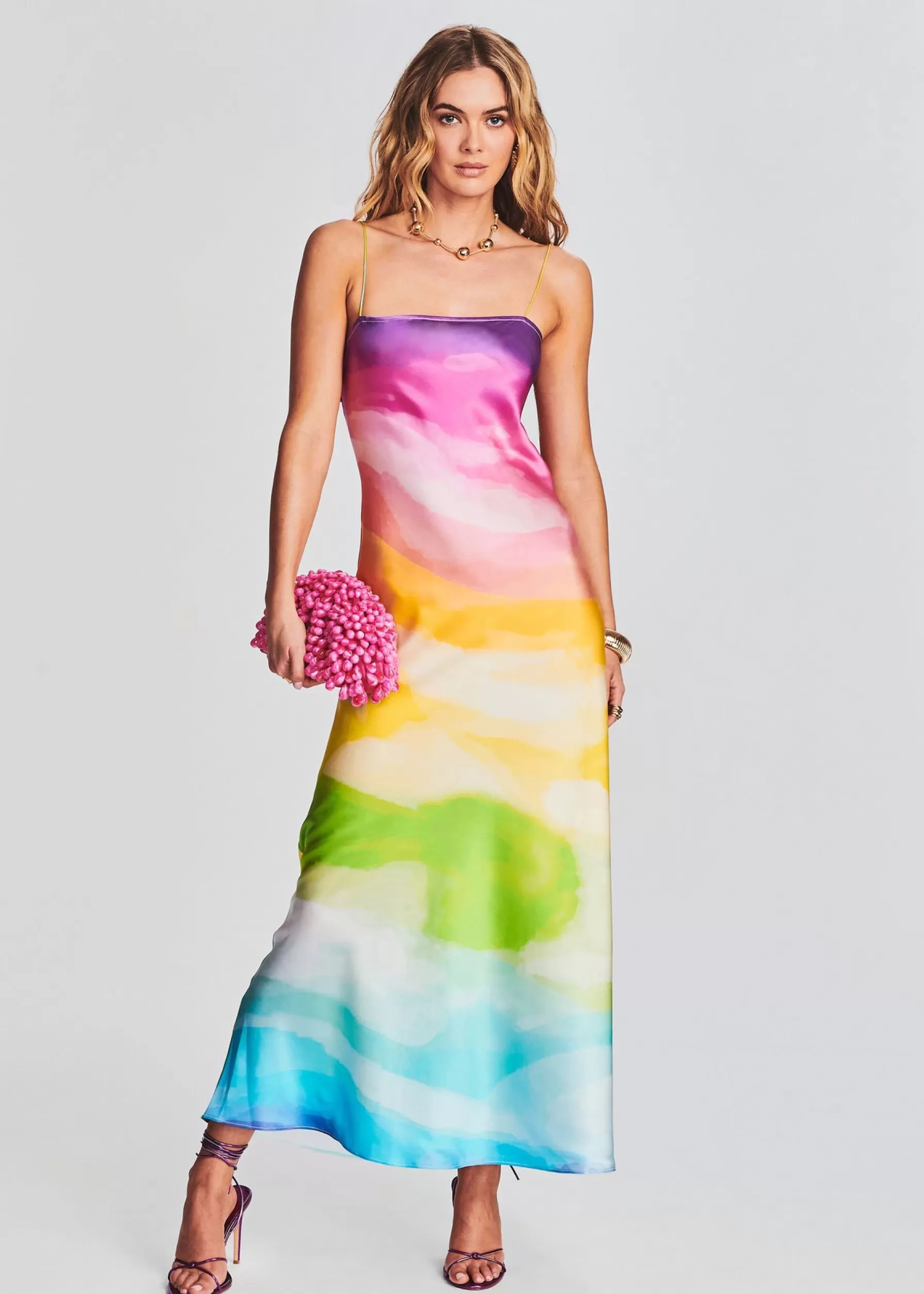 Retrofete Aimee Silk Long Dress Watercolor Rainbow Cheap