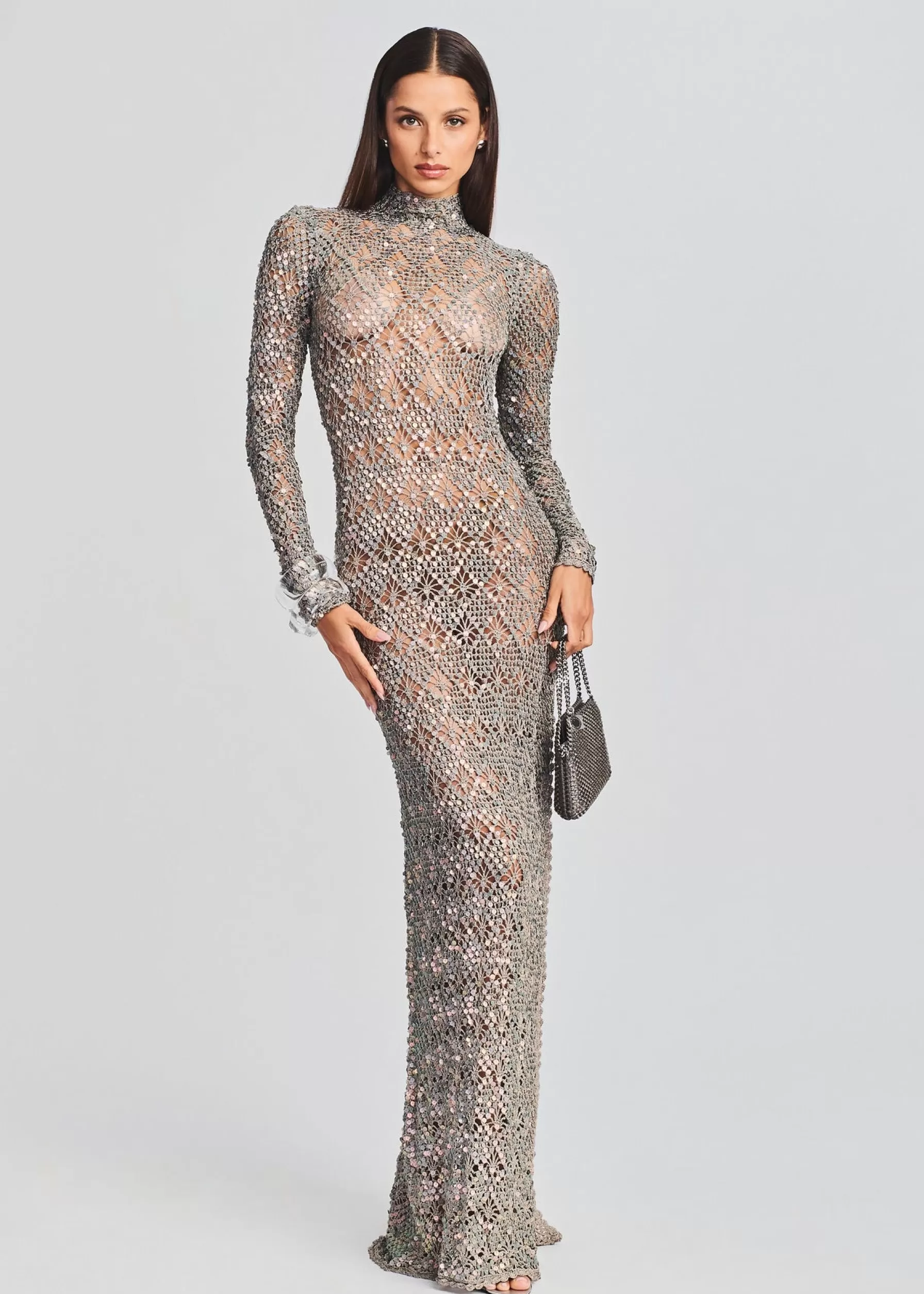 Retrofete Alexa Sequin Open Crochet Dress Metallic Mink Grey Hot