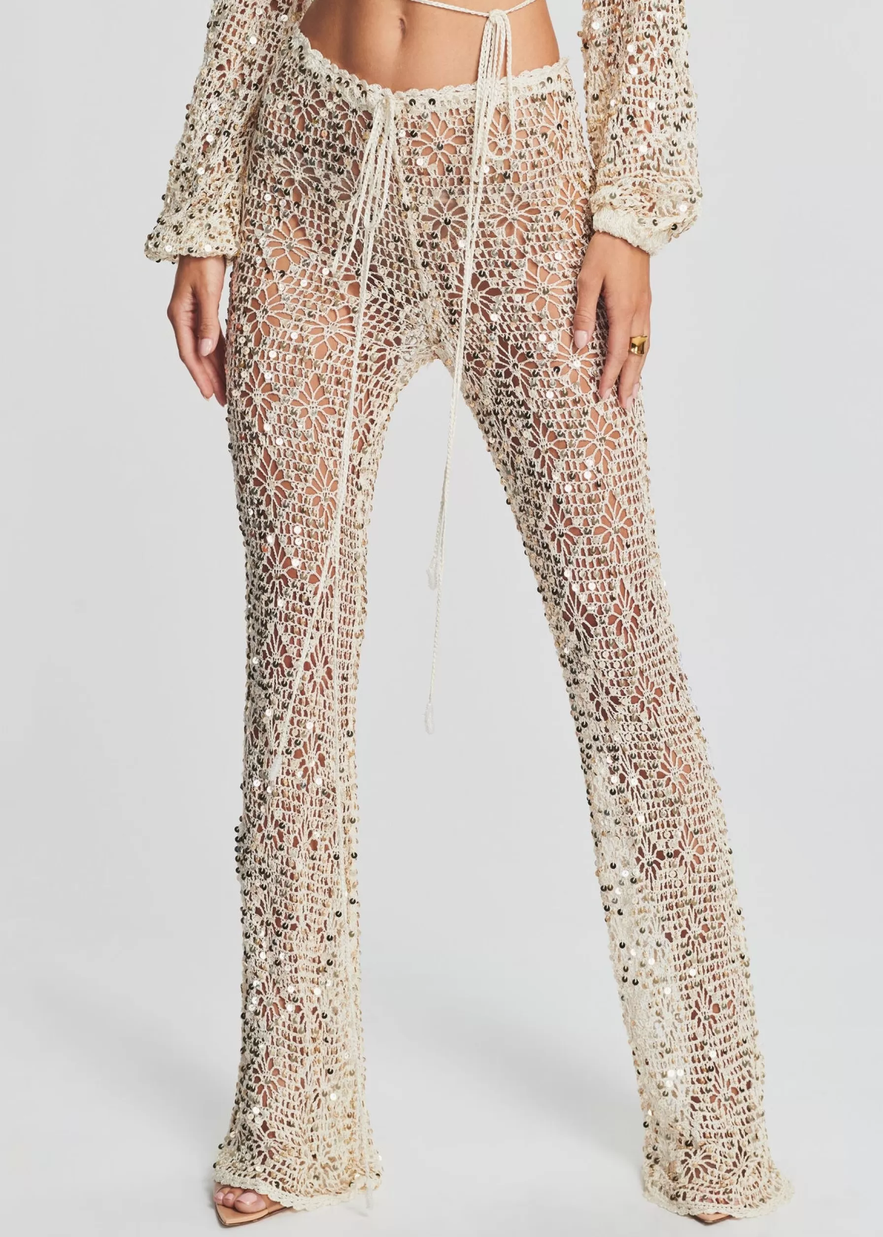 Retrofete Brendi Sequin Crochet Pant Ivory Gold Cheap