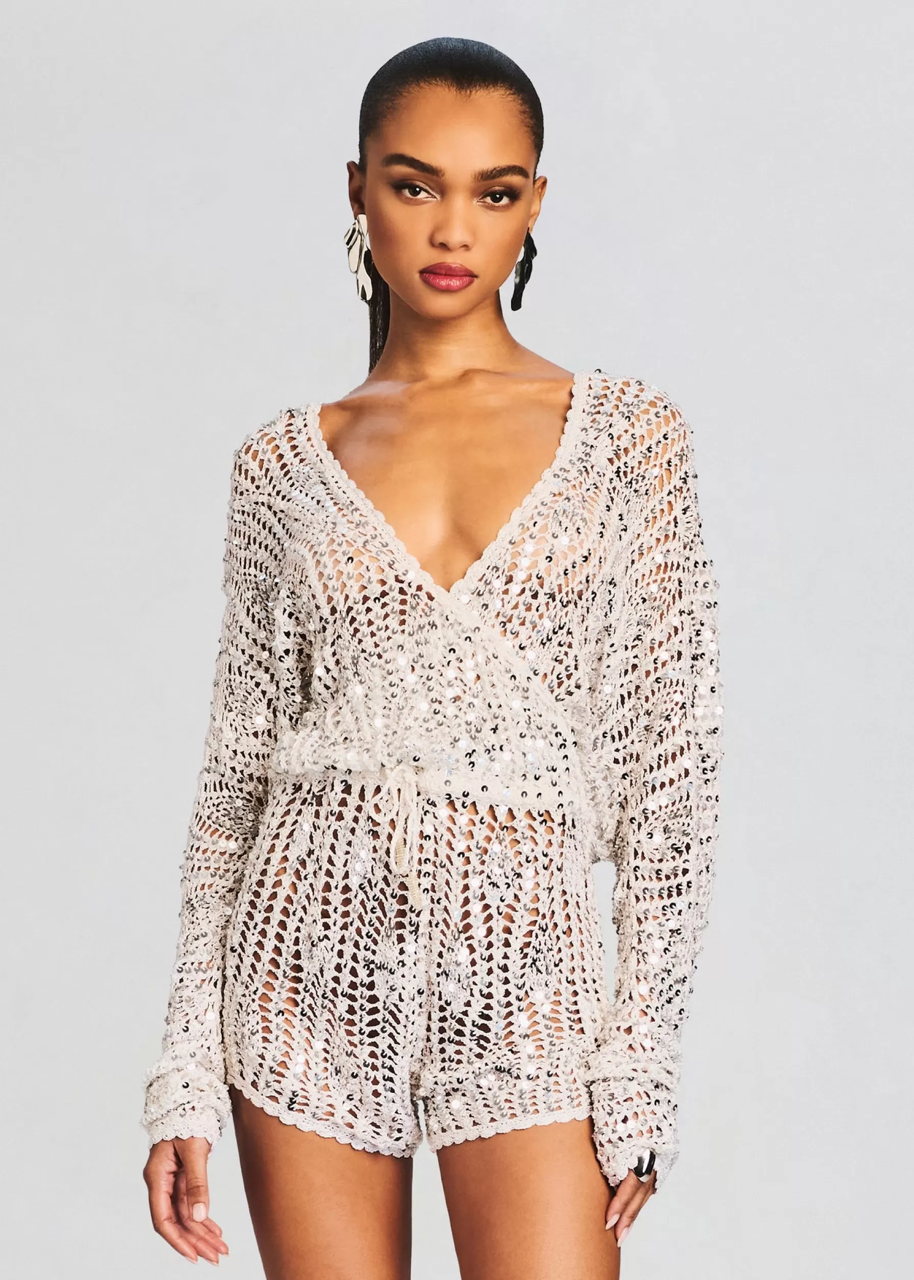 Retrofete Meadow Sequin Crochet Romper White/Silver Store