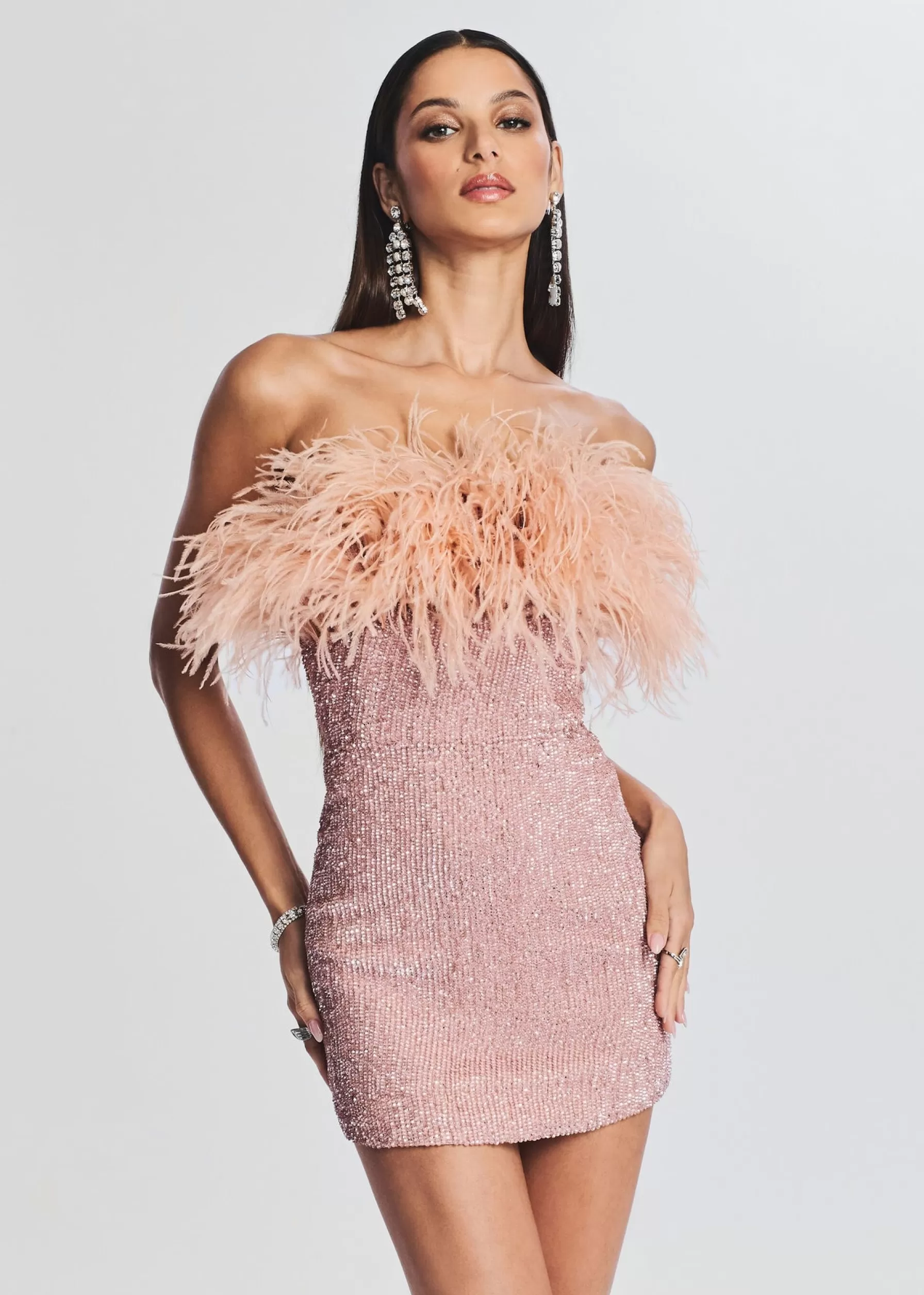 Retrofete Torin Sequin Feather Dress Dusty Peach New