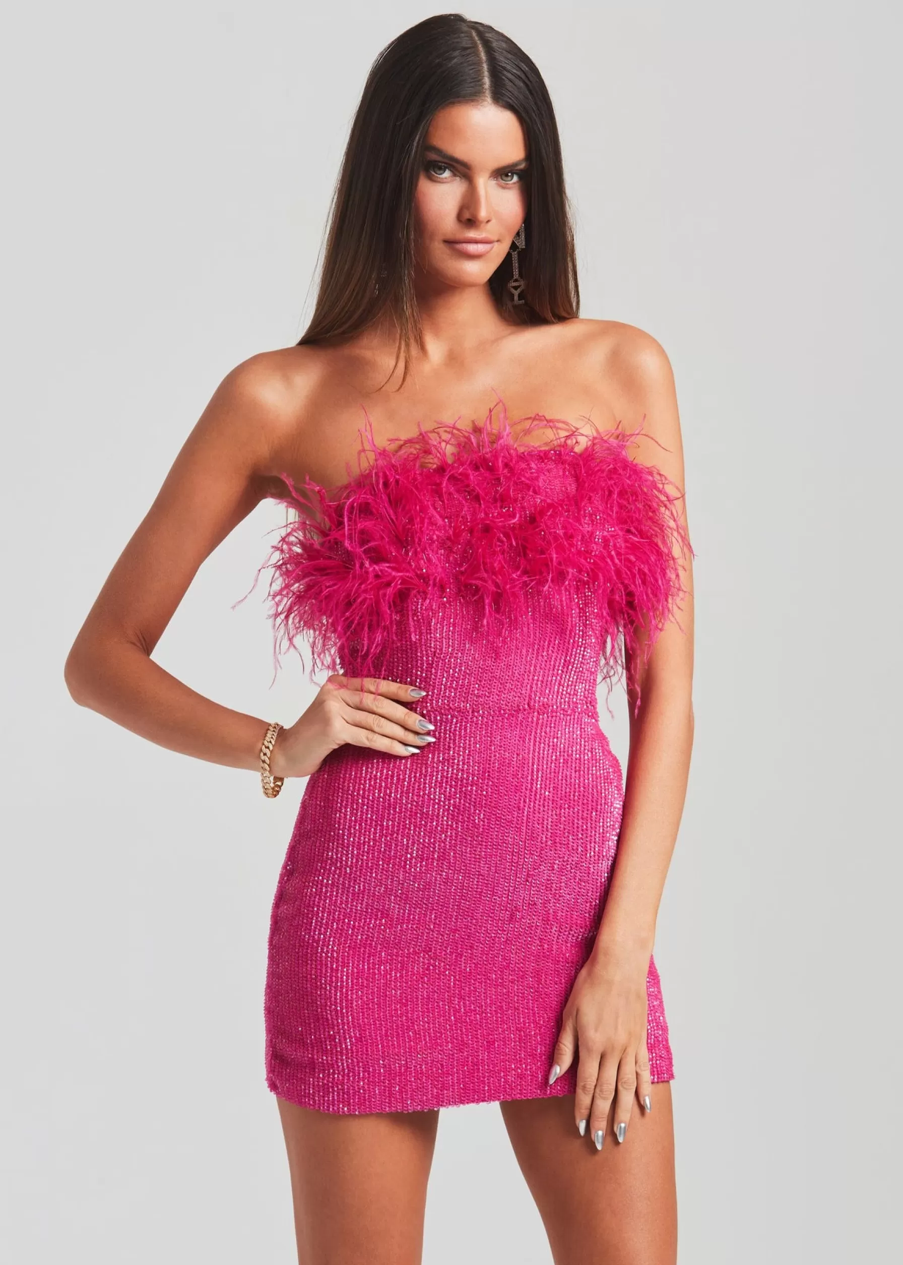 Retrofete Torin Sequin Feather Dress Hot Pink Fashion