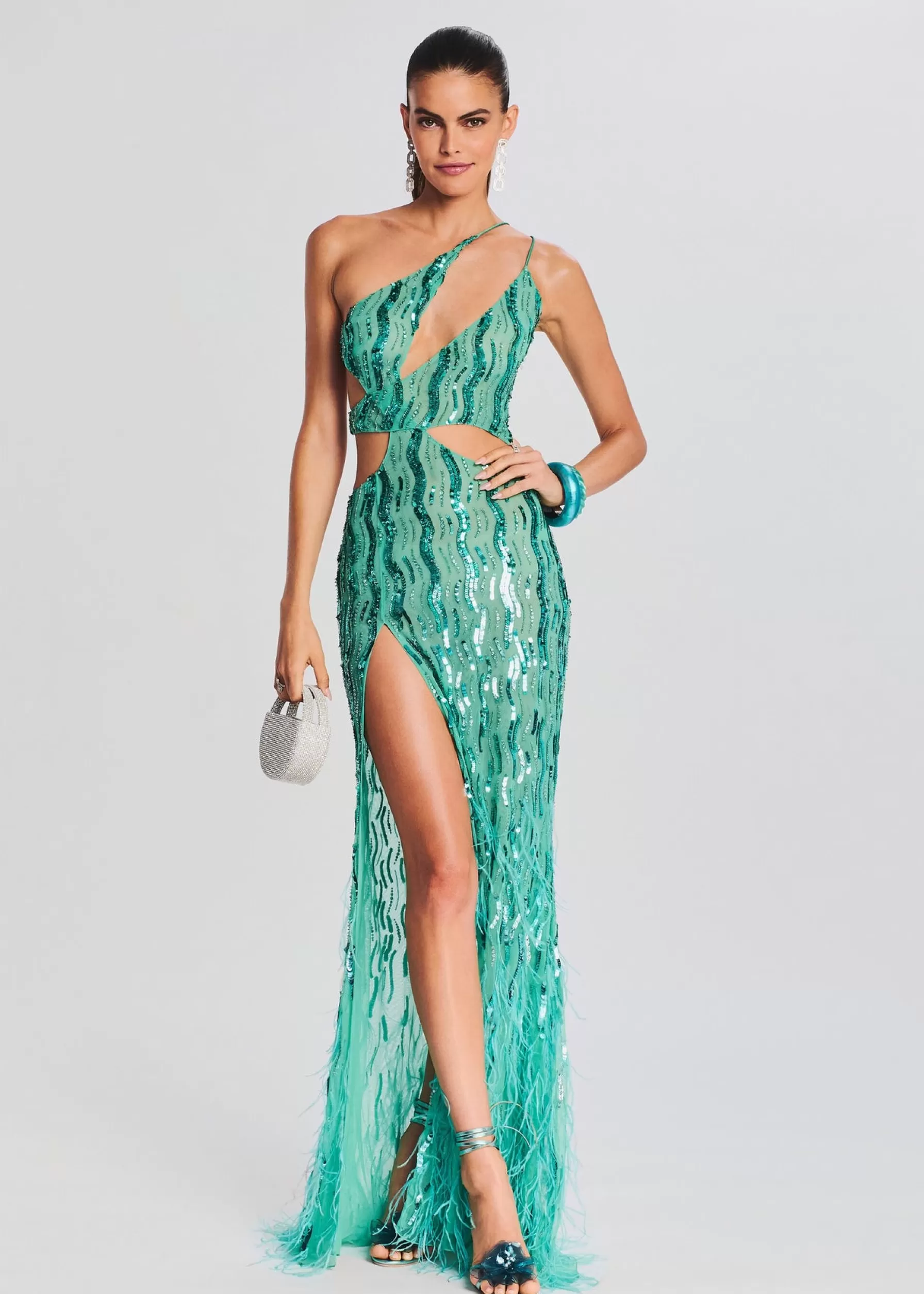 Retrofete Vice Sequin Feather Dress Sea Foam Flash Sale